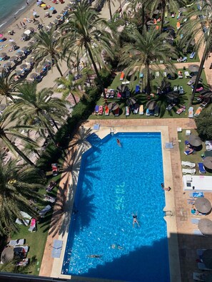 Una piscina rodeada de palmeras y tumbonas.