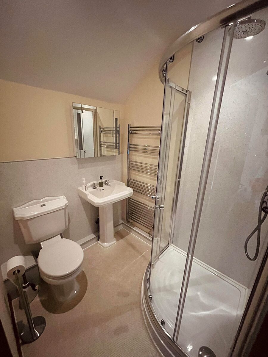 A bathroom with a toilet, sink, and glass-enclosed shower.
