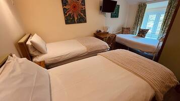 Una habitación de hotel con dos camas, televisión, un cuadro y una ventana con cortinas.
