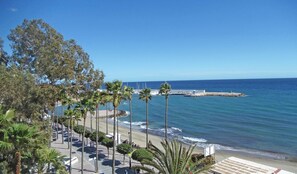 Blick auf die Küste mit Strand, Palmen und Booten.
