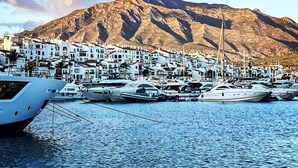 Un port de plaisance avec des bateaux amarrés, une montagne en arrière-plan et des bâtiments blancs dotés de balcons.