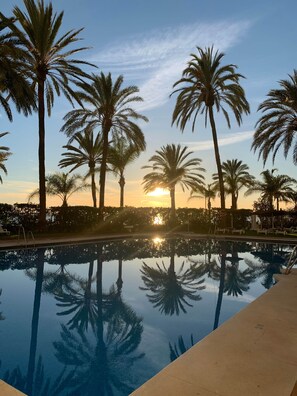 A swimming pool with palm trees and a sunset in the background. - 2. Skol Marbella 543B (Marbella)
