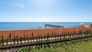 Vista sulla costa con un molo, cielo sereno e una fila di alberi lungo un muro.