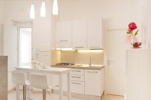 Kjøleskap, mikrobølgeovn, kokeplater og kaffetrakter/tekoker
