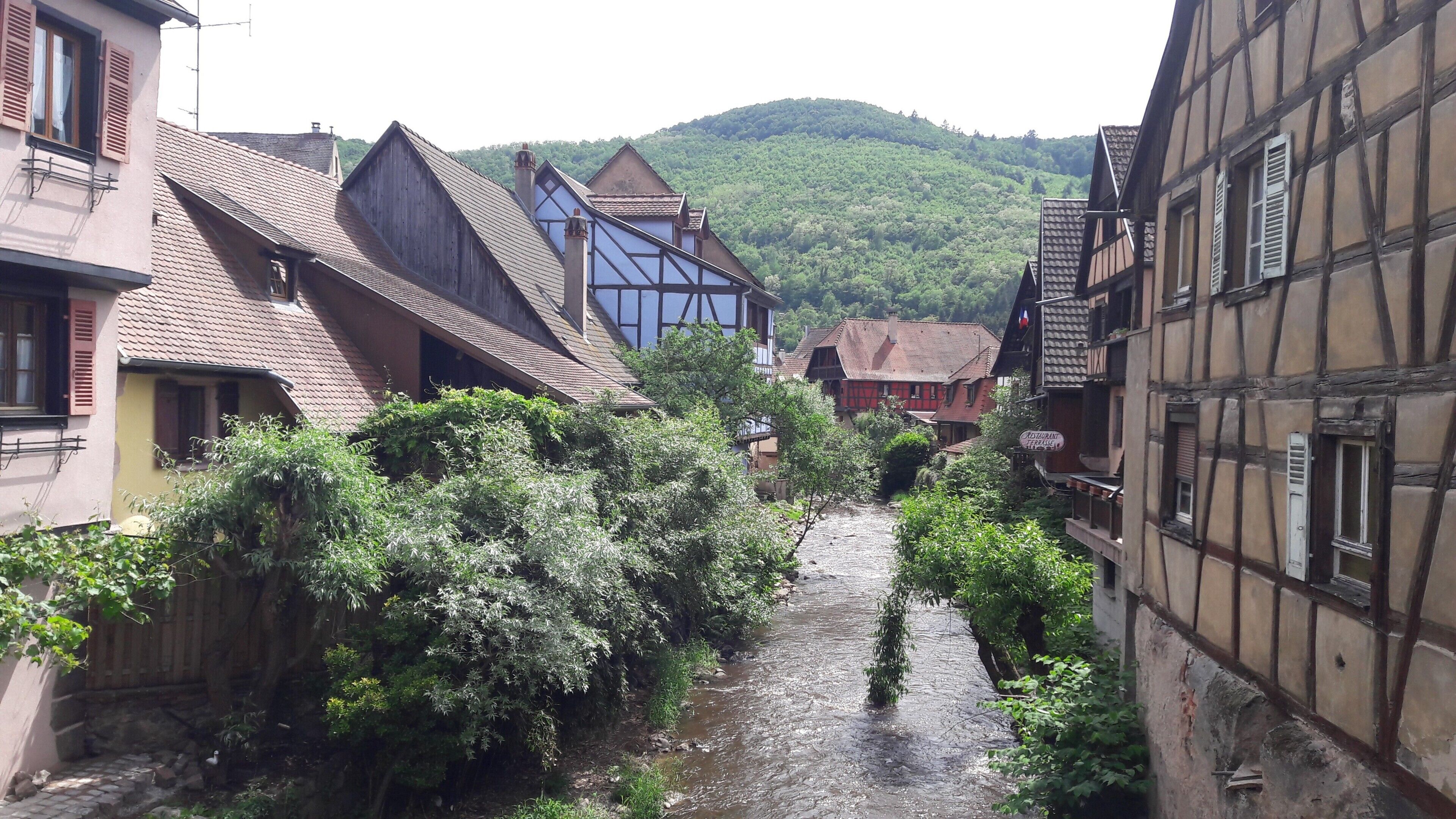 Un étroit canal bordé de bâtiments traditionnels à colombages, un panneau indiquant un restaurant, et une colline boisée en arrière-plan.