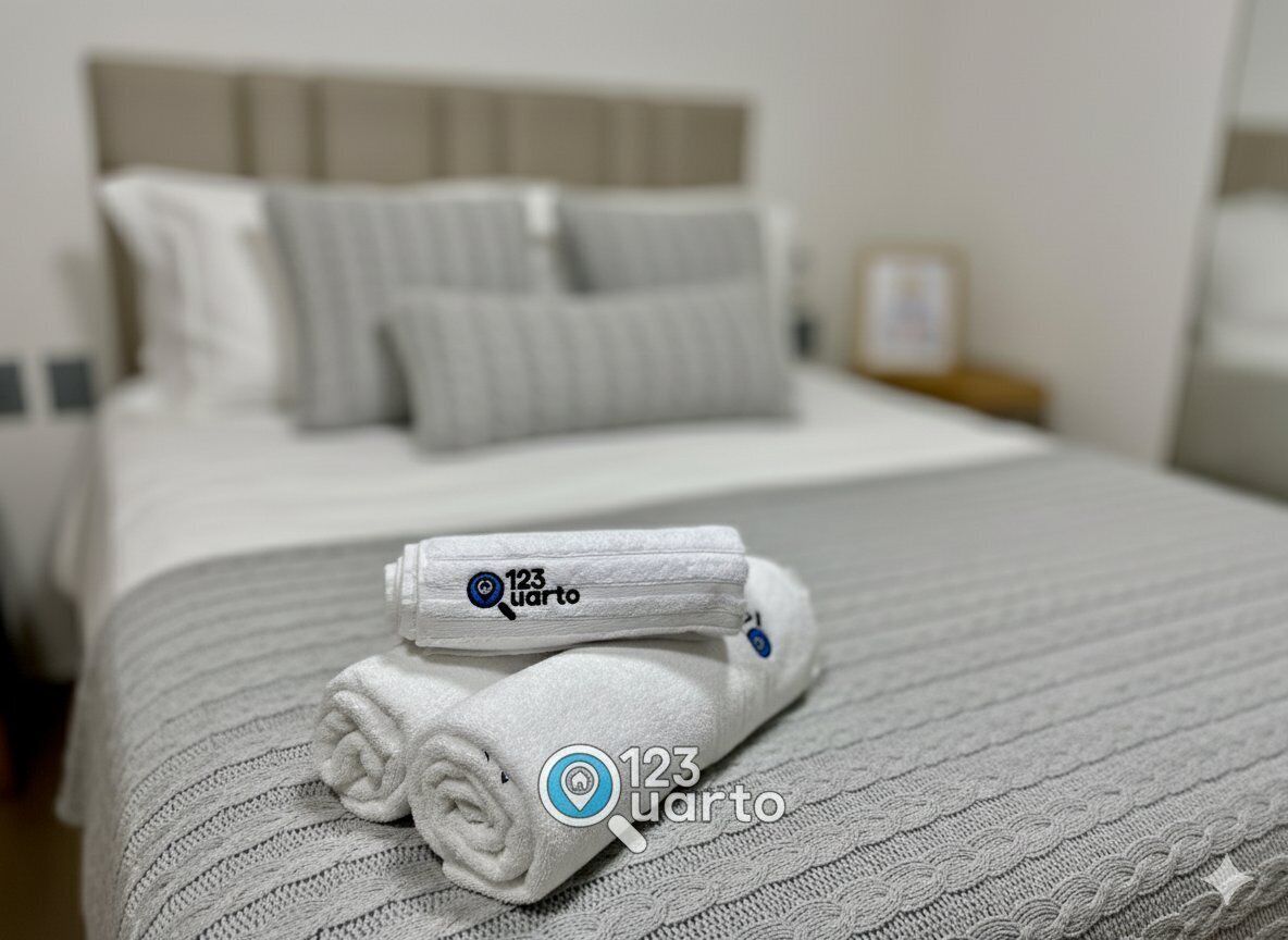 A neatly made bed with a striped blanket and rolled towels, a headboard, and a nightstand with a lamp.