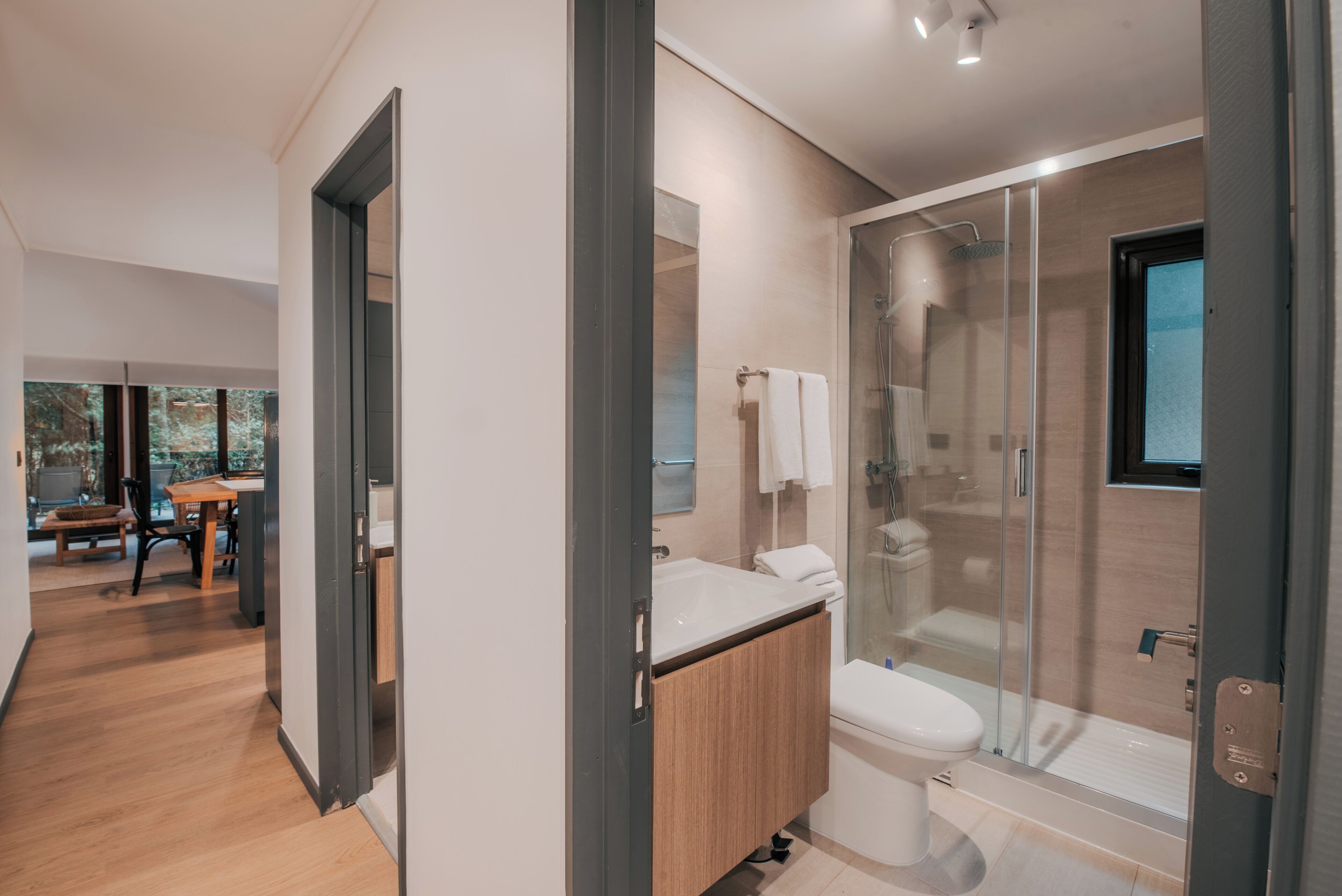 A modern bathroom with a glass shower enclosure, a white sink, and a toilet.