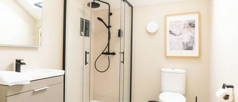 Shower, hair dryer, towels, soap
