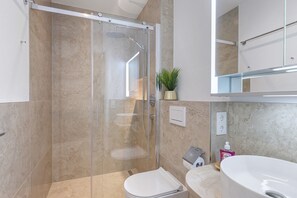 Douche, séchoir à cheveux, serviettes fournies