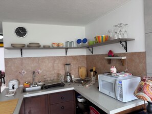 Una cocina con microondas, lavabo y diversos utensilios.
