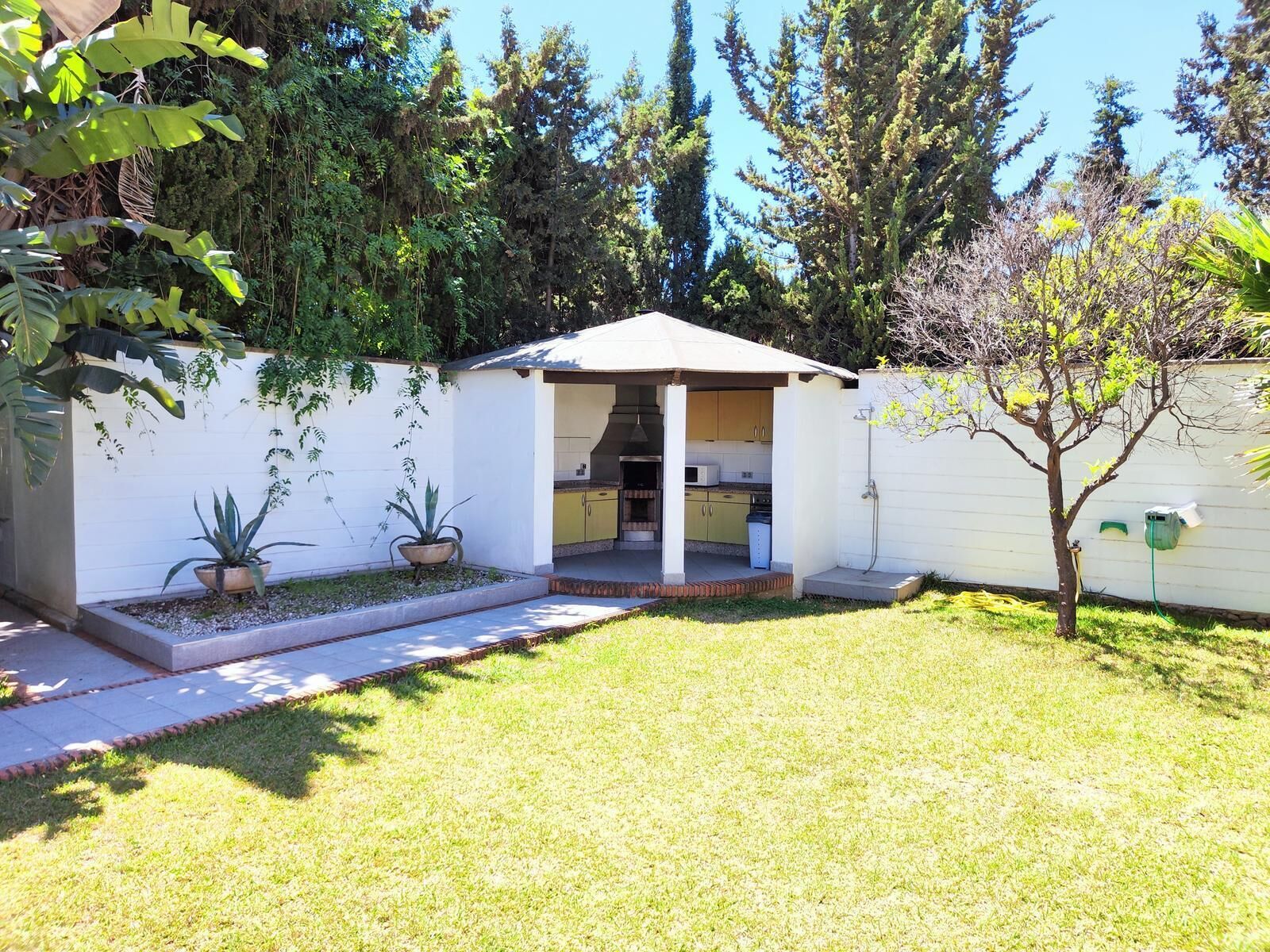 A backyard with a small patio, a grill, and potted plants.