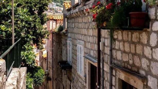 A narrow stone street with buildings on either side, a wooden staircase, and some greenery. - Dominus Rooms  (Dubrovnik)