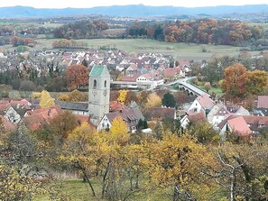 Une ville qui se distingue par son imposant clocher d’église, entourée d’immeubles d’habitation et d’un pont.