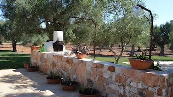 En stenmur med planterade blommor i krukor, en grill och en pergola med hängande lampor.