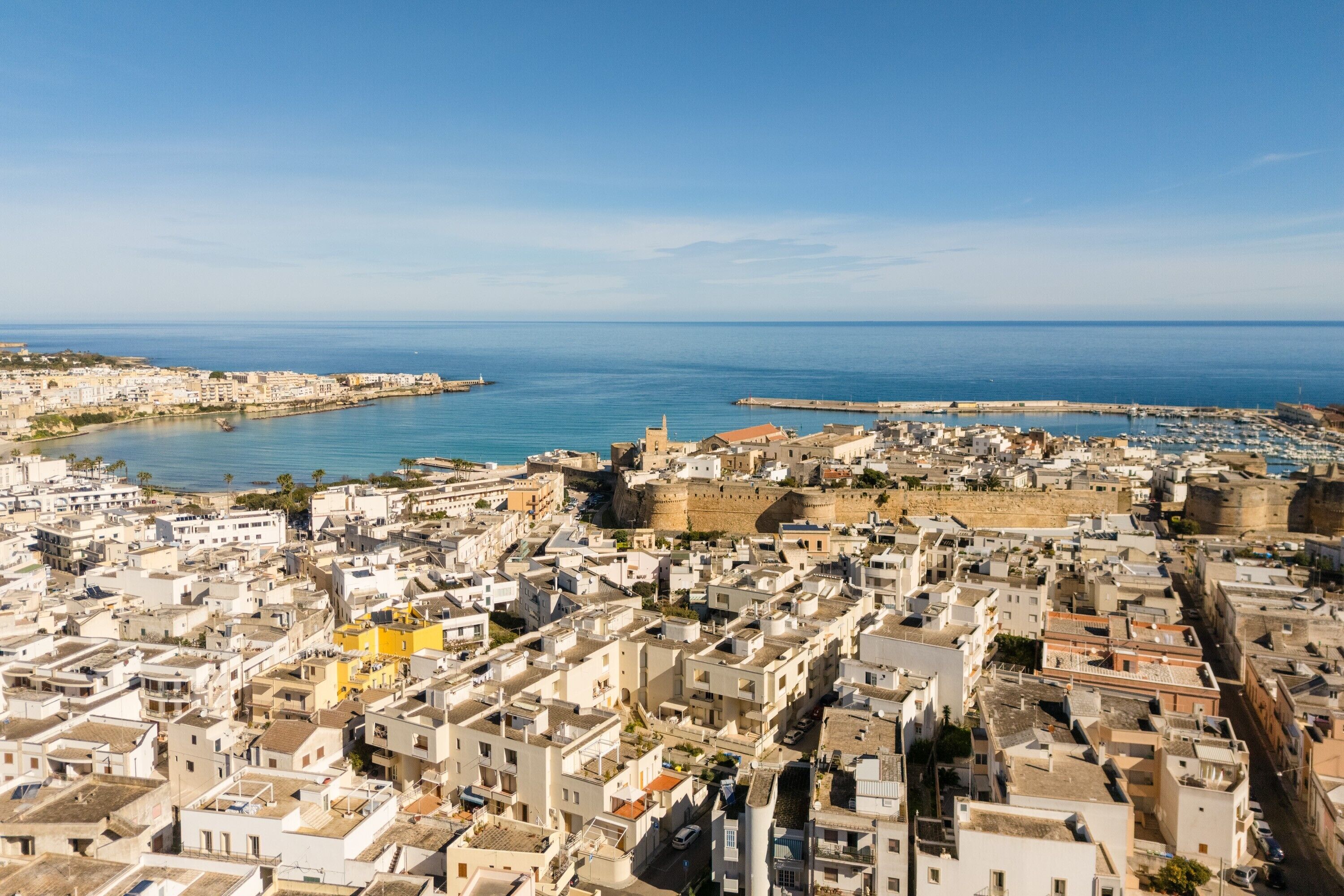 A coastal cityscape with dense urban architecture, a prominent fort, and a marina.