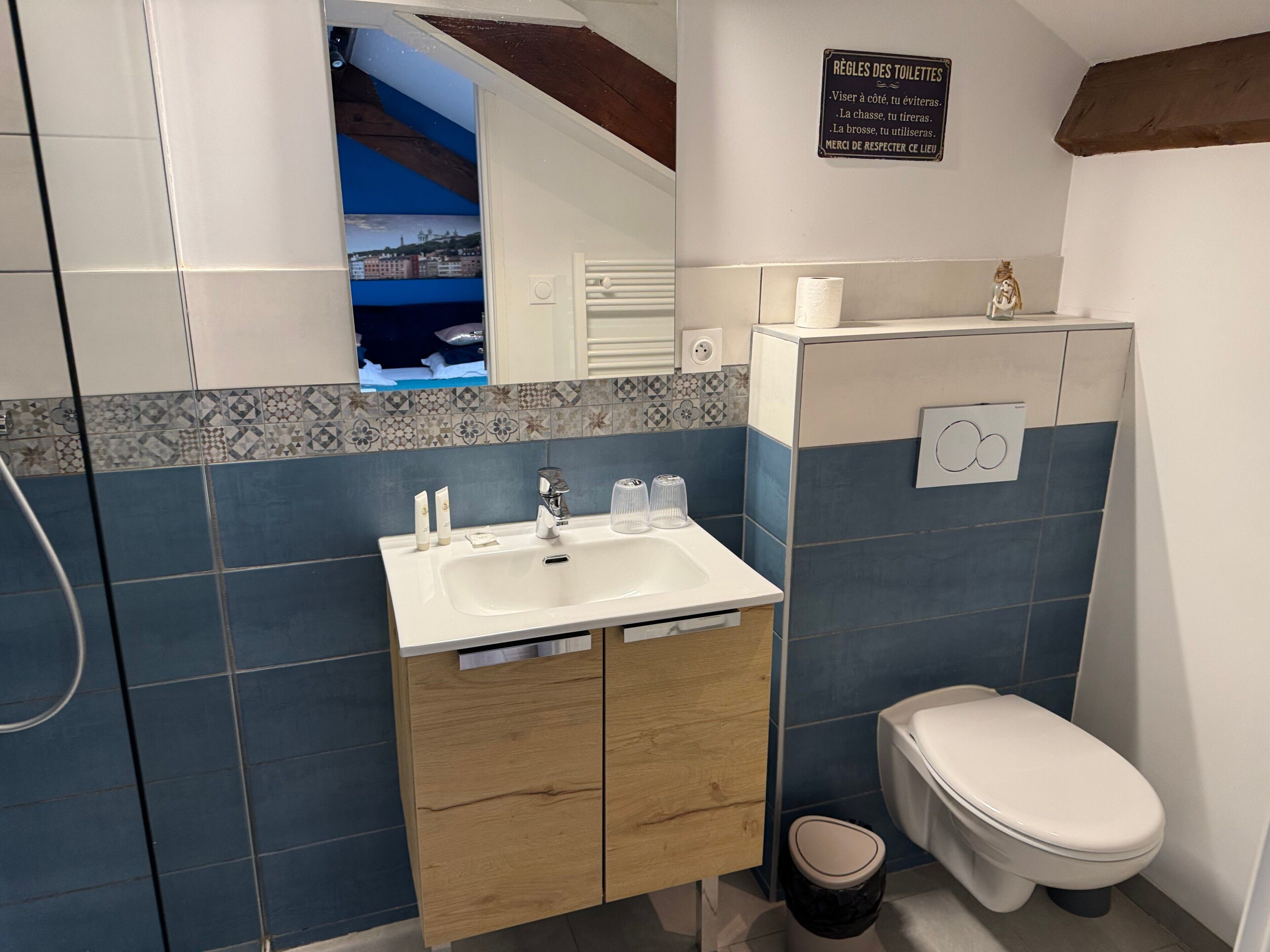 Une salle de bain avec un lavabo, un miroir et des toilettes.
