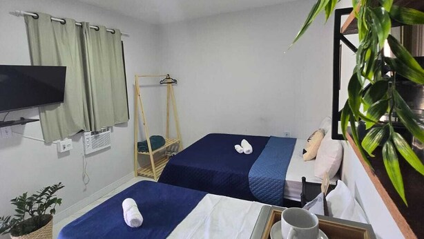 A hotel room with two beds, a TV, a plant, and a tray with cups and saucers. - Alex Sandro (Rio das Ostras)
