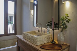 Hair dryer, towels, soap, shampoo