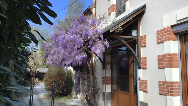 A house with a brick facade, a wooden door, and a garden with purple flowers. - Holiday Home "Gîte for 6 People" with Private Terrace and Wi-Fi (La Chapelle)