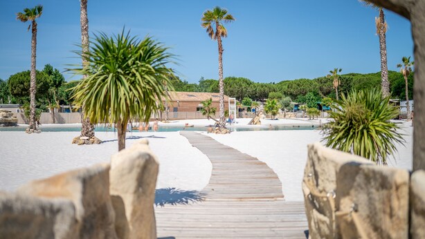 Une promenade en bois qui mène à une plage bordée de palmiers, avec un bâtiment visible au loin.