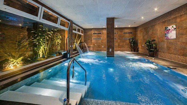 Una piscina interior con escalones de acceso, rodeada de paredes con ventanas y plantas en macetas.