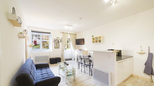 A modern living room with a sofa, a glass coffee table, a dining area with chairs, a kitchen with a TV, and a window with curtains. - Le Gîte de Pount d'Iher - Proche GR10 (Laruns)