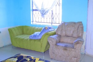 Una habitación con un sofá verde, un sillón beige y una alfombra estampada.