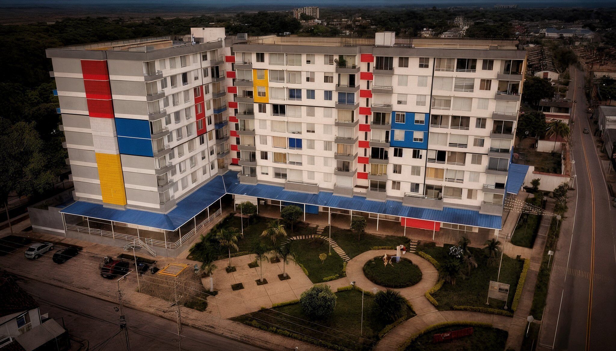 Un immeuble à plusieurs étages doté de balcons, d’une cour intérieure et d’un espace de stationnement.