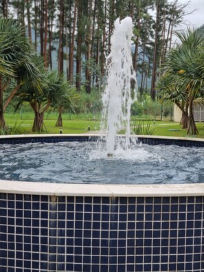 Una fuente con chorros de agua en una piscina con azulejos, rodeada de palmeras y un área con césped.