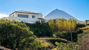 Ein modernes Haus mit einem Berg im Hintergrund.