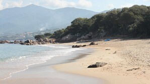 Una playa con una montaña al fondo, cielos despejados y aguas tranquilas.