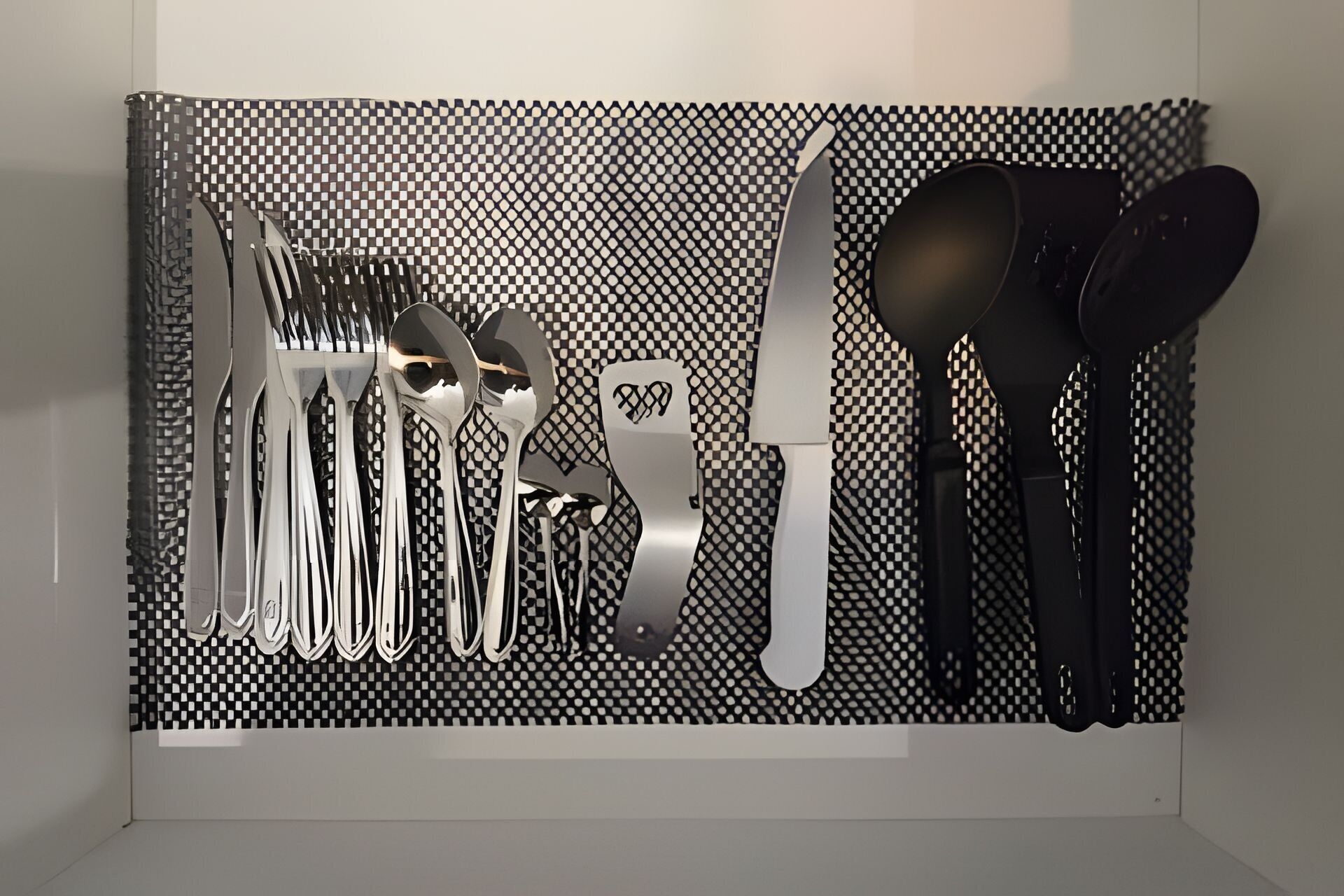 Besteck und ein Messer auf einer karierten Tischdecke.