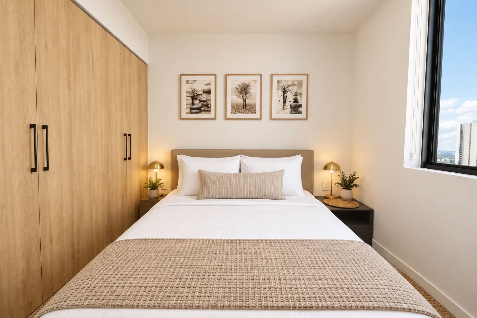 Une chambre à coucher comprenant un lit, des tables de chevet, une armoire et des œuvres d’art encadrées accrochées au mur.