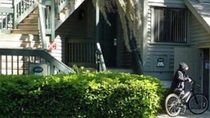 Un immeuble d’habitation avec un escalier, un vélo et une haie.