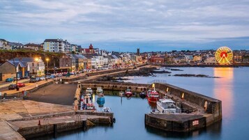Uma cidade costeira com um porto, barcos e uma roda-gigante imponente.