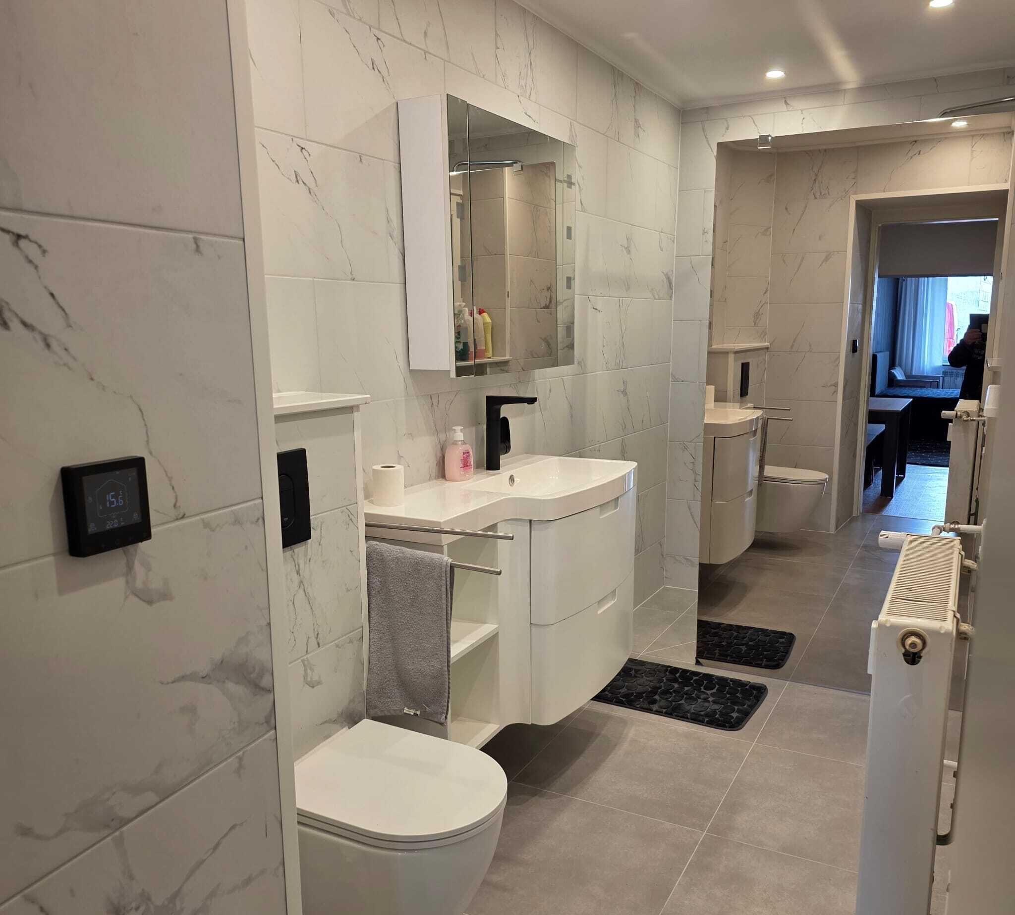 シャワー、ヘアドライヤー、タオル、トイレットペーパー