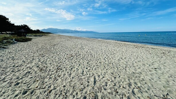 En bred sandstrand med klar himmel och stilla hav.