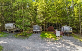Um camping com veículos recreativos, uma cabana de madeira e um caminho de cascalho.