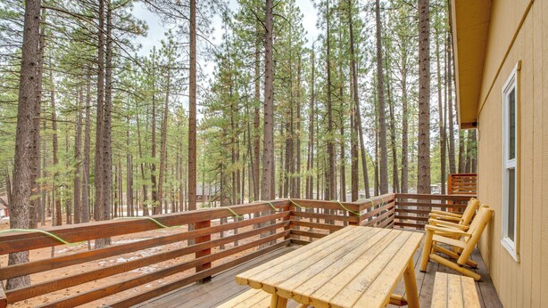 Een houten terras met banken en picknicktafels, omringd door hoge dennenbomen.