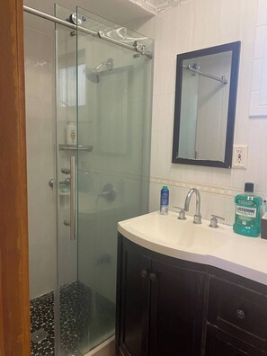 Hair dryer, towels, soap, toilet paper