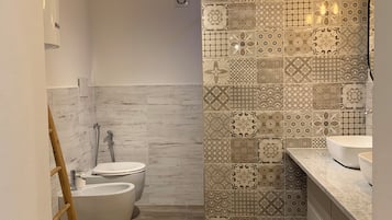 Shower, hair dryer, bidet, towels