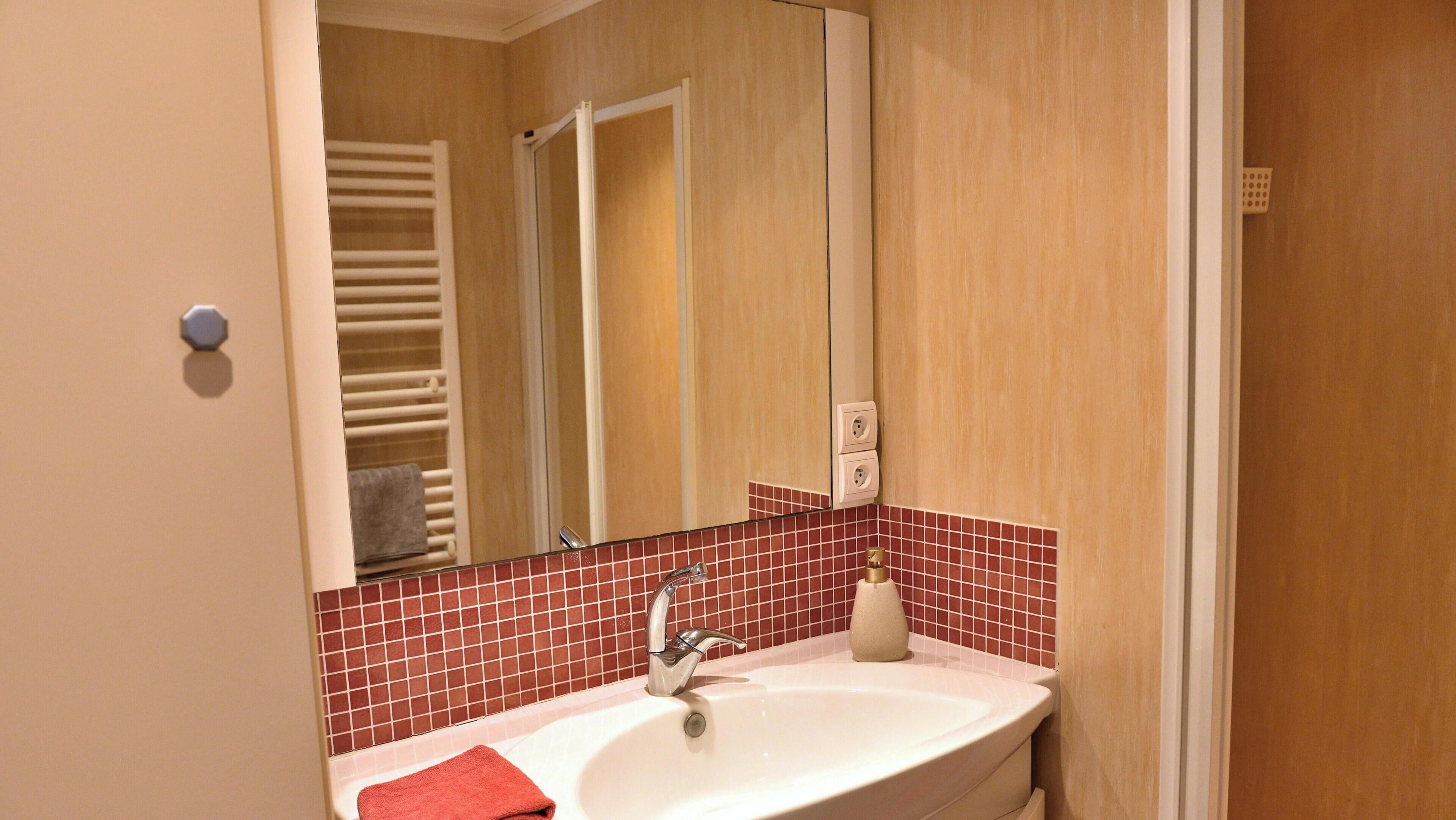 A bathroom with a white sink, a mirror, and a towel rack.