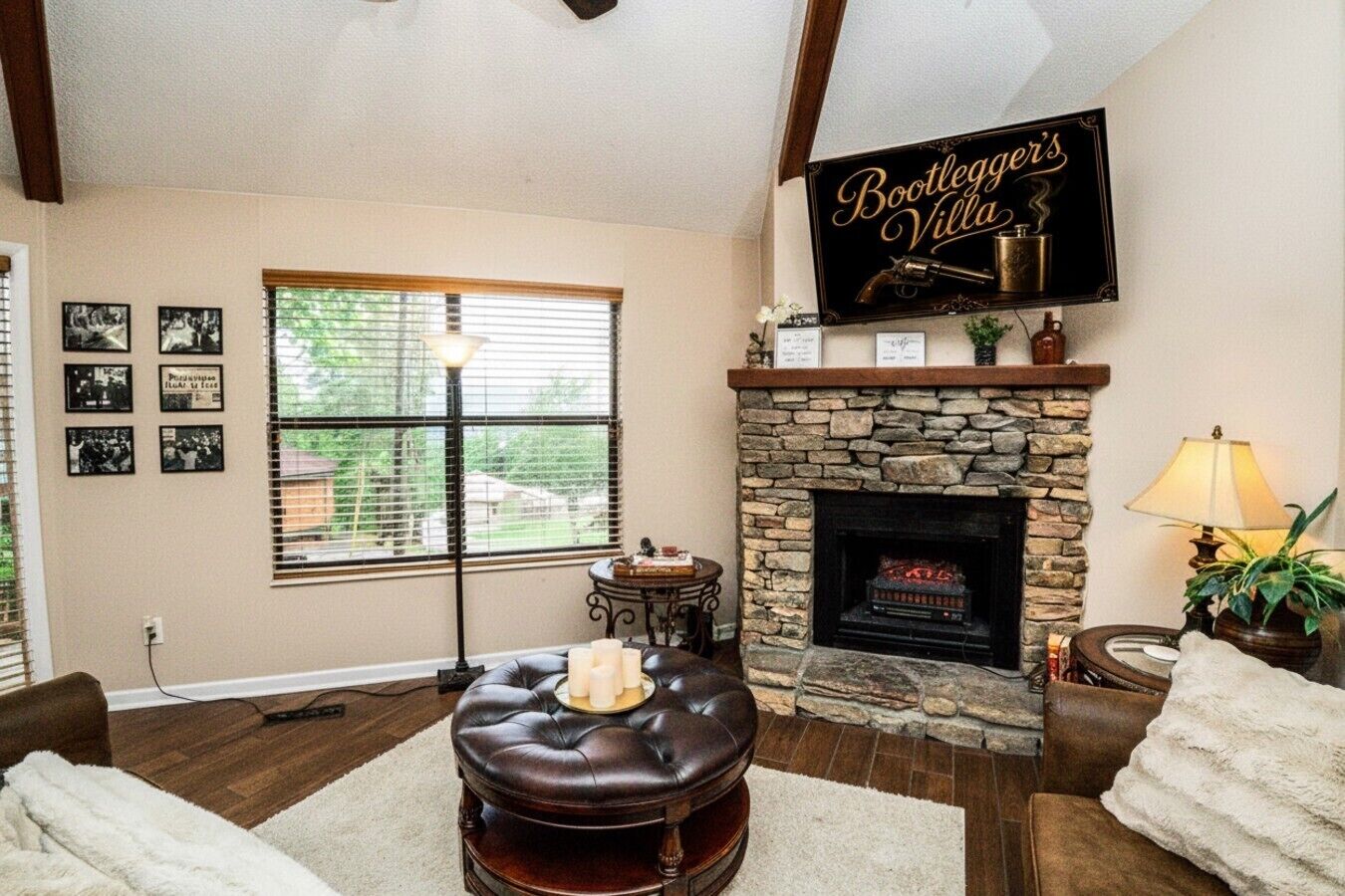 Smart TV, fireplace, books
