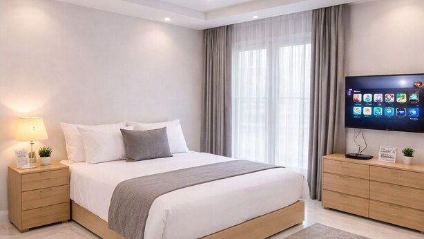 Un dormitorio moderno con cama, mesitas de noche, televisor y suelo de mármol.