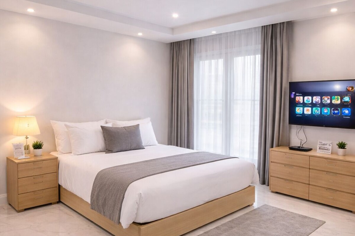 Ein modernes Schlafzimmer mit Bett, Nachttischen, einem Fernseher und einem Marmorboden.