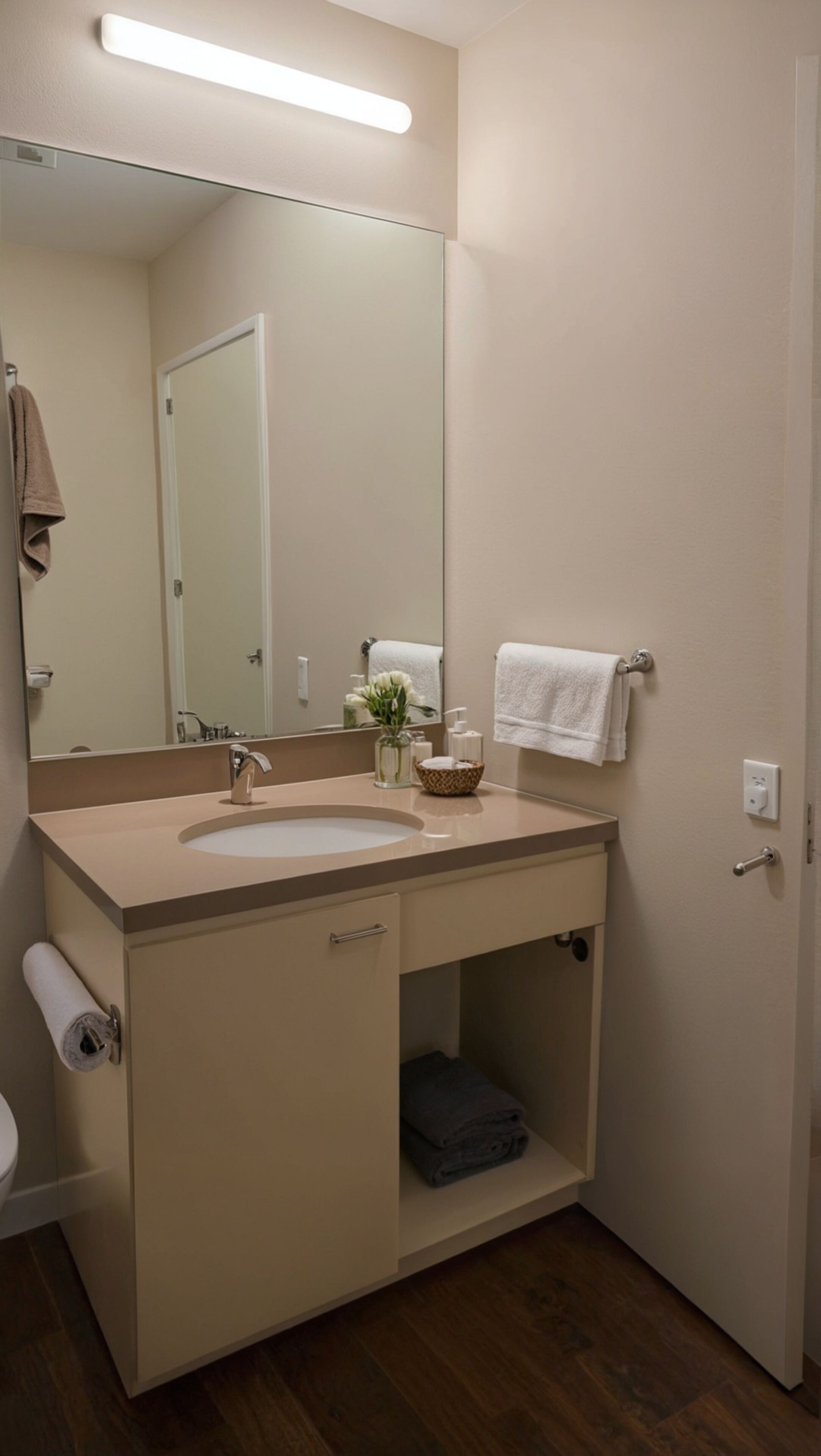 A bathroom with a sink, mirror, towel rack, and a door.