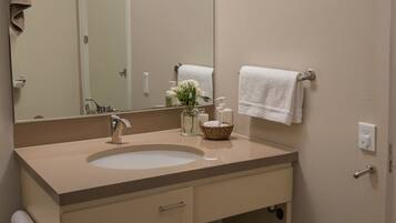 A bathroom with a sink, mirror, towel rack, and a door.