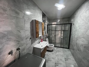 Hair dryer, towels, soap, toilet paper