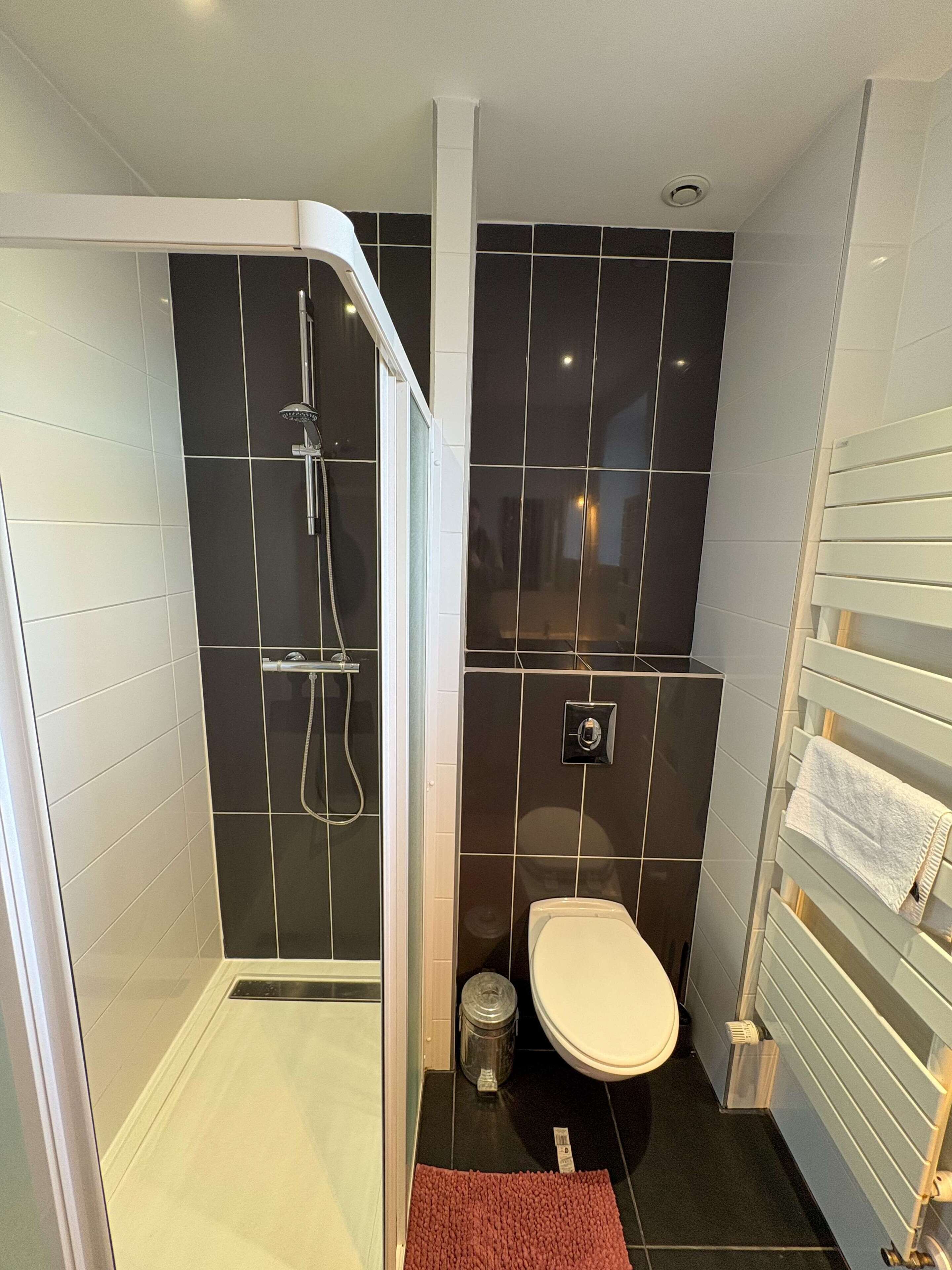 A modern bathroom with a shower, toilet, and towel rack.