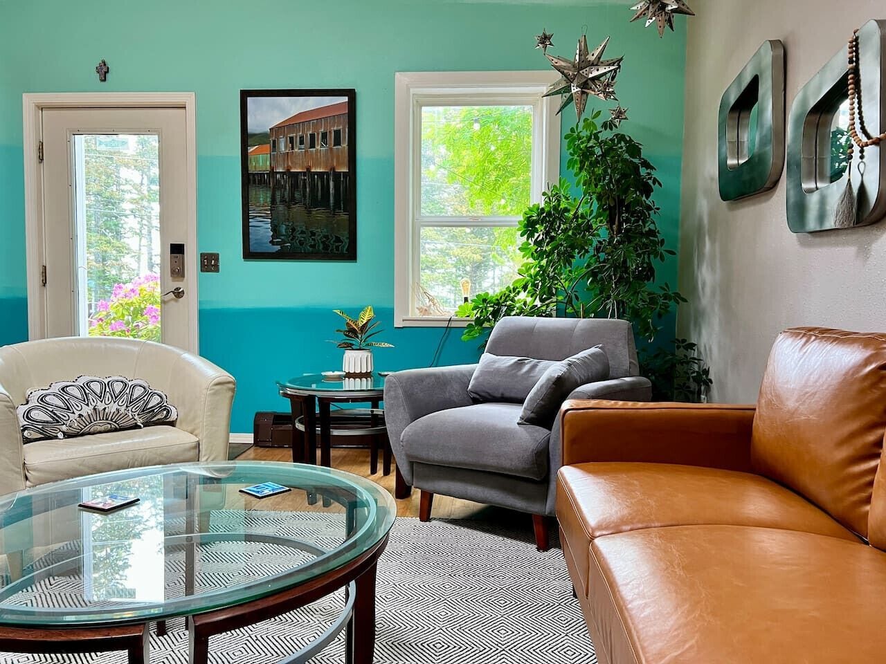 TV, fireplace, books, printers